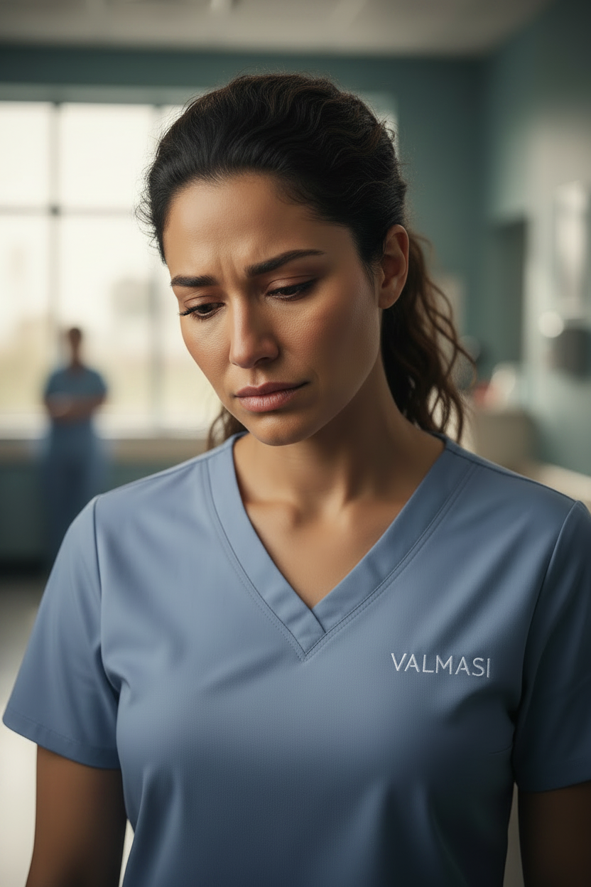 Latina nurse in Valmasi scrubs looking sad