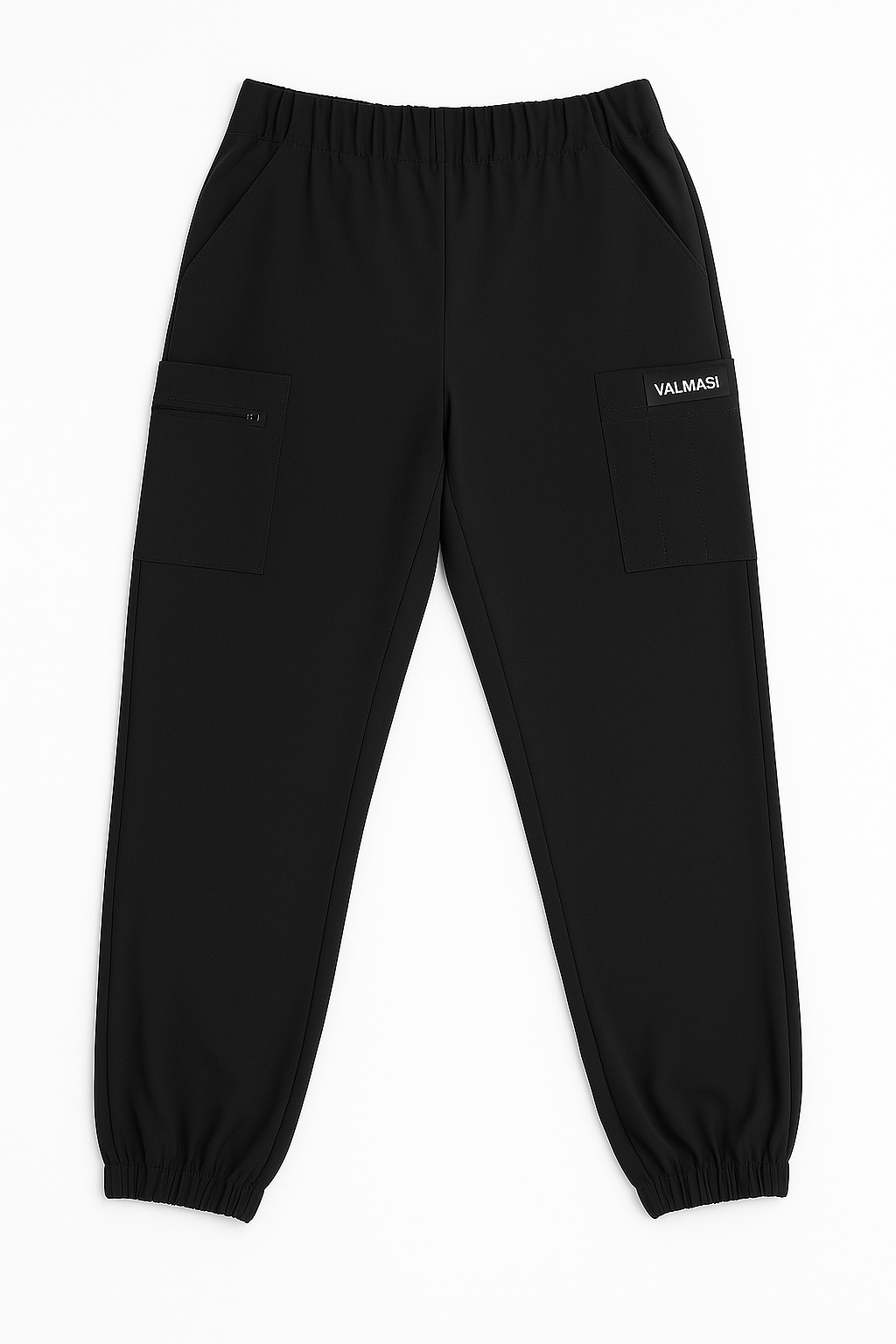 High-waisted black jogger scrub pants with 9 pockets, adjustable drawstring, and curvy fit. Breathable graphene fabric made in the USA by Valmasi.