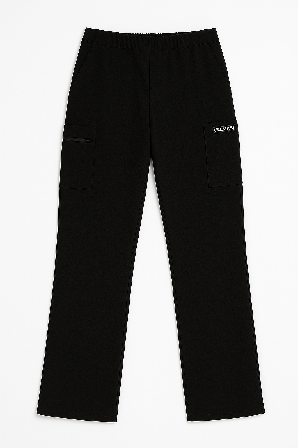 Close-up of waistband and pocket detail on black Valmasi scrub pants, showing clean stitching and texture.