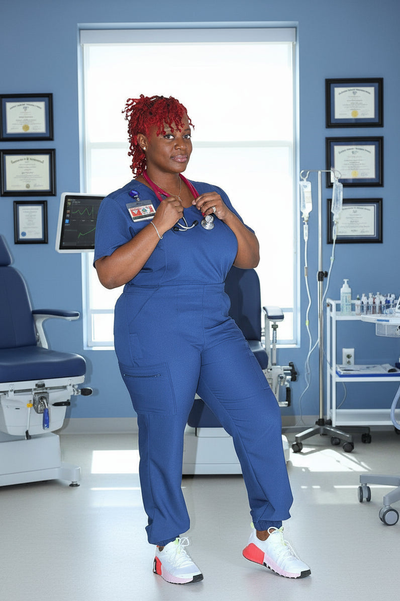 Blue jogger scrub pants with 9 pockets and elastic waistband for curvy women.