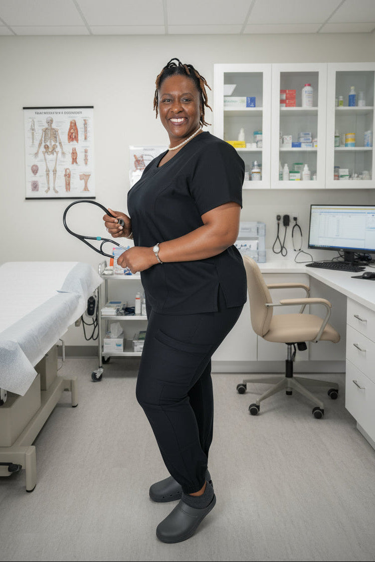 Front view of high-waisted black jogger scrub pants with 9 pockets and elastic waistband.