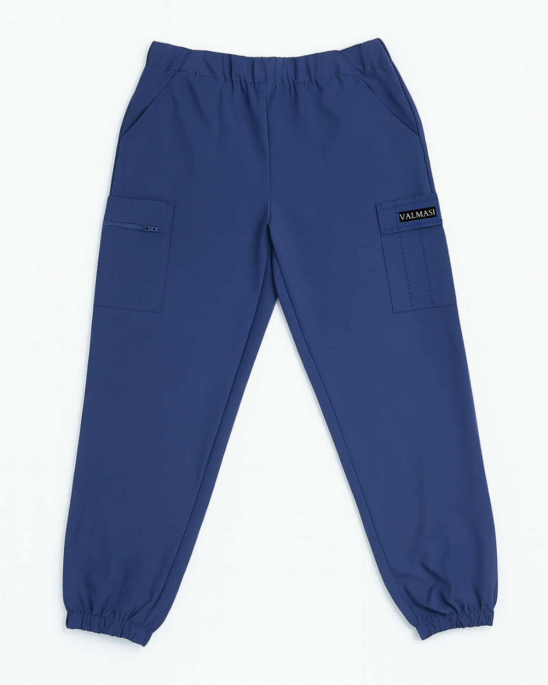 Blue curvy-fit jogger scrub pants with 9 functional pockets and soft stretch fabric.
