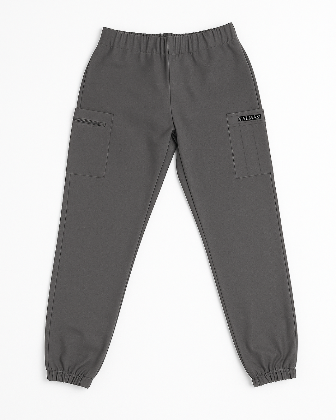 Grey jogger pants with elastic waist and cargo pockets.