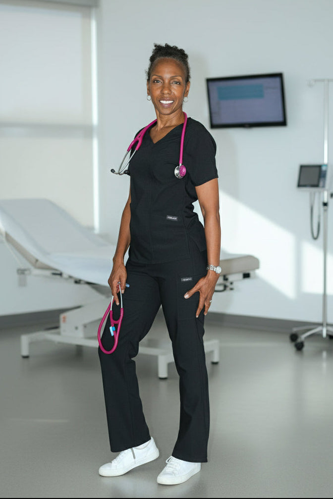 Front view of Valmasi Jasmine Cargo Scrub Pants featuring high waist and low flare leg.