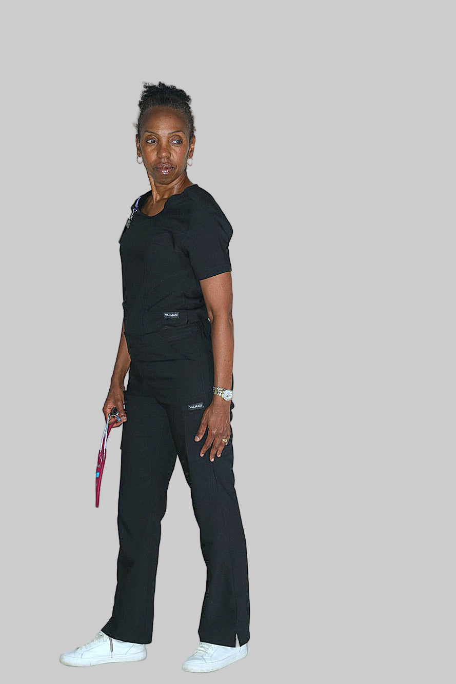 Side view of Valmasi Jasmine Cargo Scrub Pants showing curvy fit and functional cargo pockets.