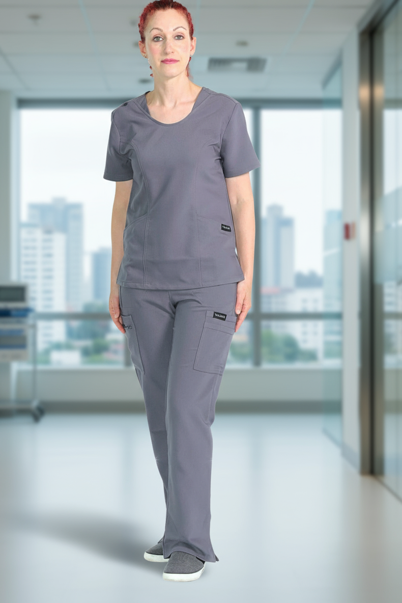 Grey cargo scrub pants with 9 functional pockets, elastic waistband, and tapered fit.