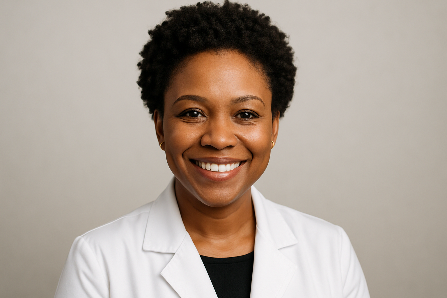 headshot of a African American woman wearing a white lab coat, smiling, wearing short curly natural hairstyle