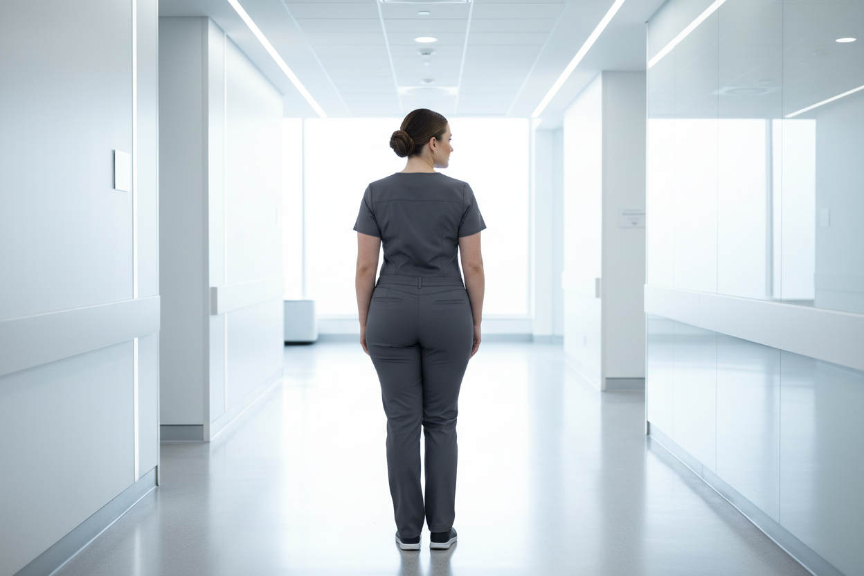 curvy woman wearing grey pants
