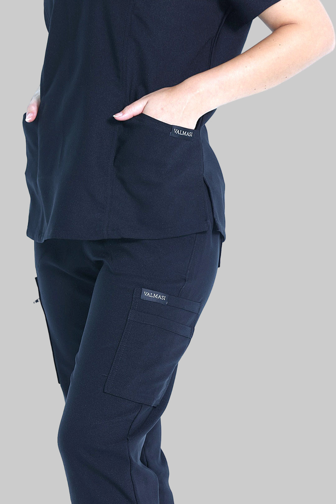 Graphene-blend black scrub fabric close-up showing its breathable, soft, and durable texture.