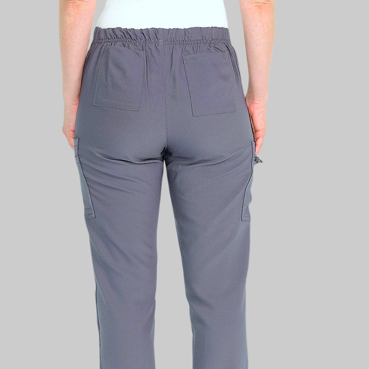 Lightweight grey scrub pants with 9 pockets and flexible, breathable performance fabric.