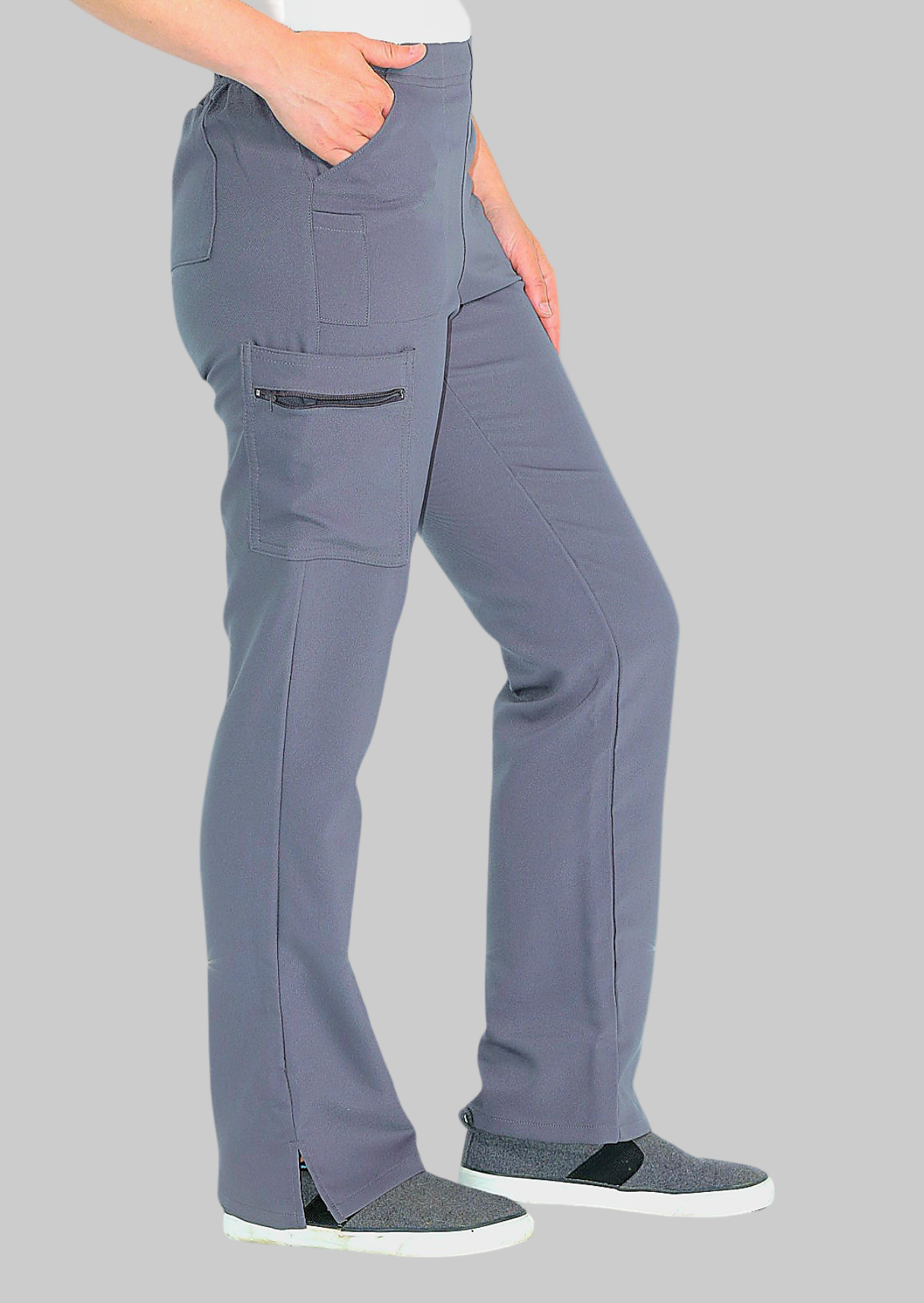 Women’s grey scrub pants featuring 9 pockets, drawstring waist, and ankle cuffs.