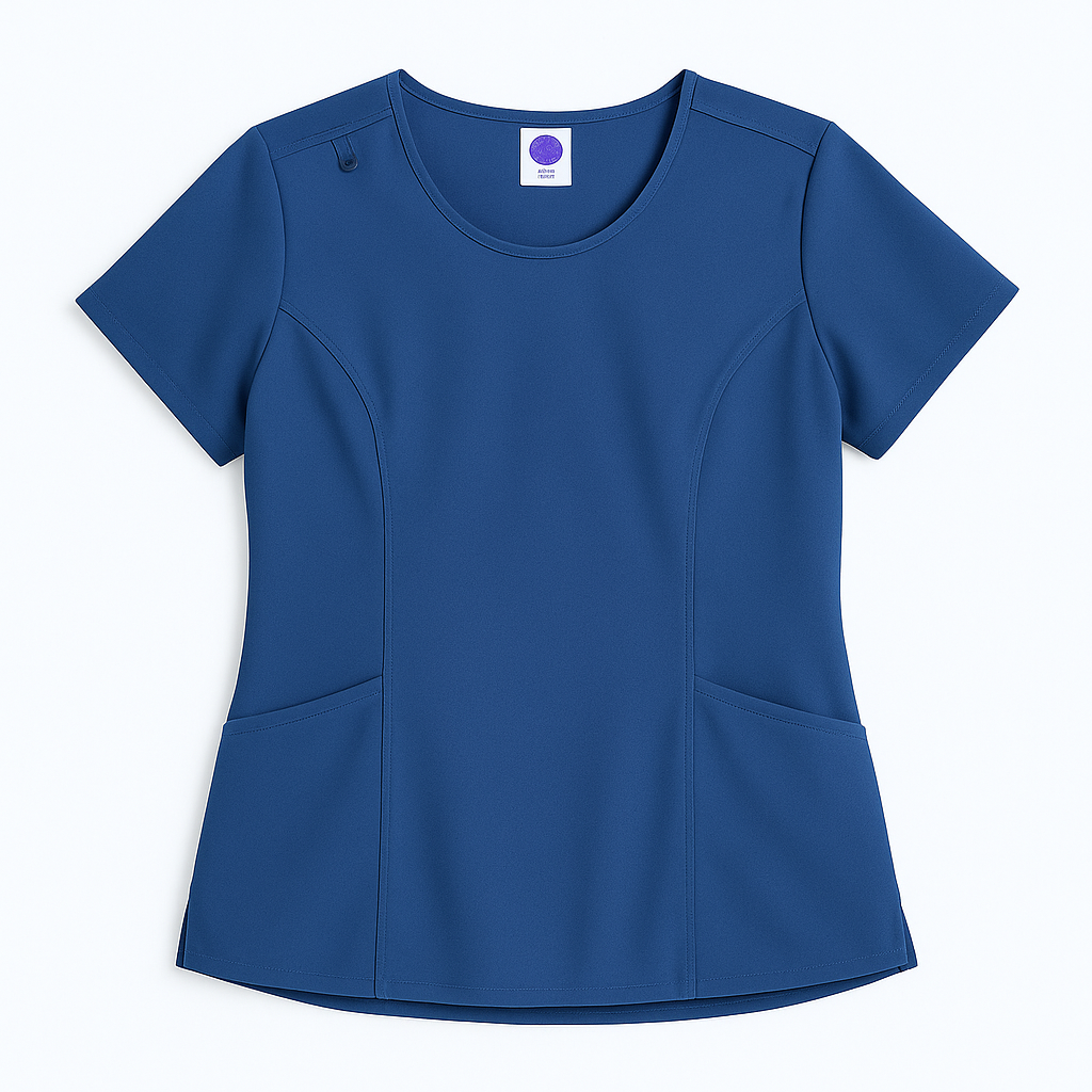 Women’s blue scrub top with short sleeves, round neckline, and dual front pockets.