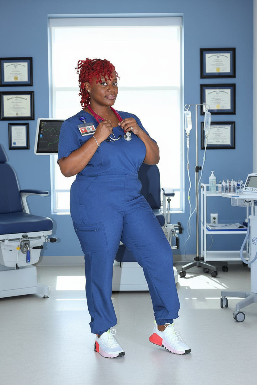 Blue jogger scrub pants with 9 pockets and elastic waistband for curvy women.