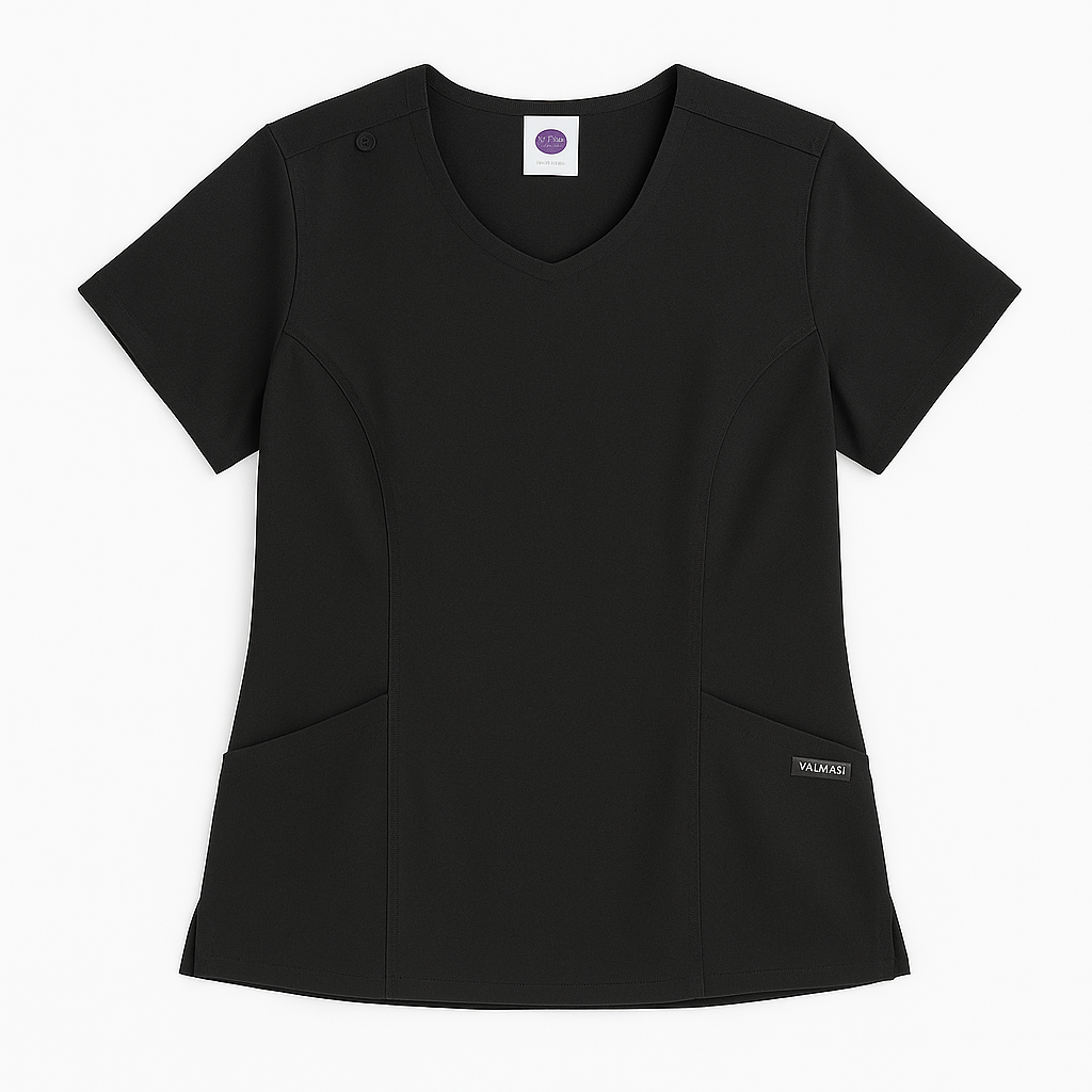 Close-up of front waist pockets and shoulder badge loop for functional organization.