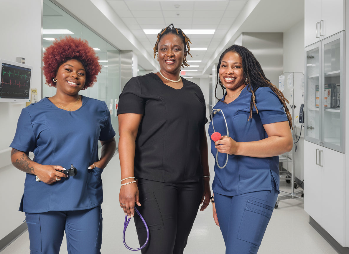 Group of models wearing Valmasi scrubs in Black and Classic True Blue, showcasing inclusive fit and professional style.