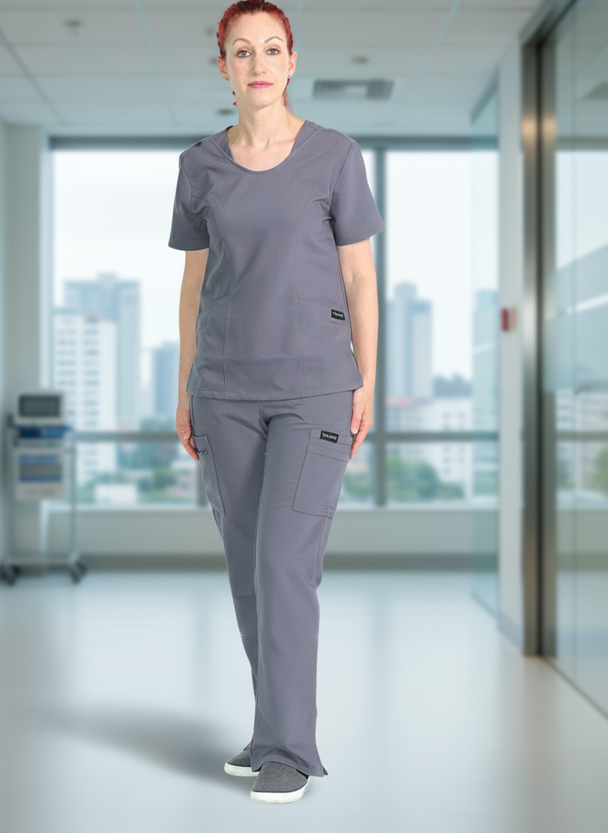 Grey cargo scrub pants with 9 functional pockets, elastic waistband, and tapered fit.