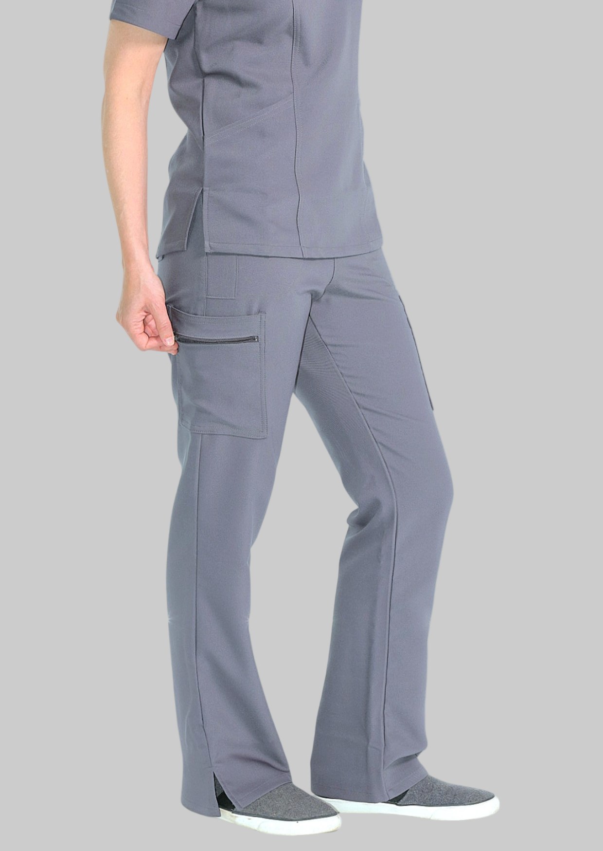 Lightweight grey scrub pants with 9 pockets and flexible, breathable performance fabric.