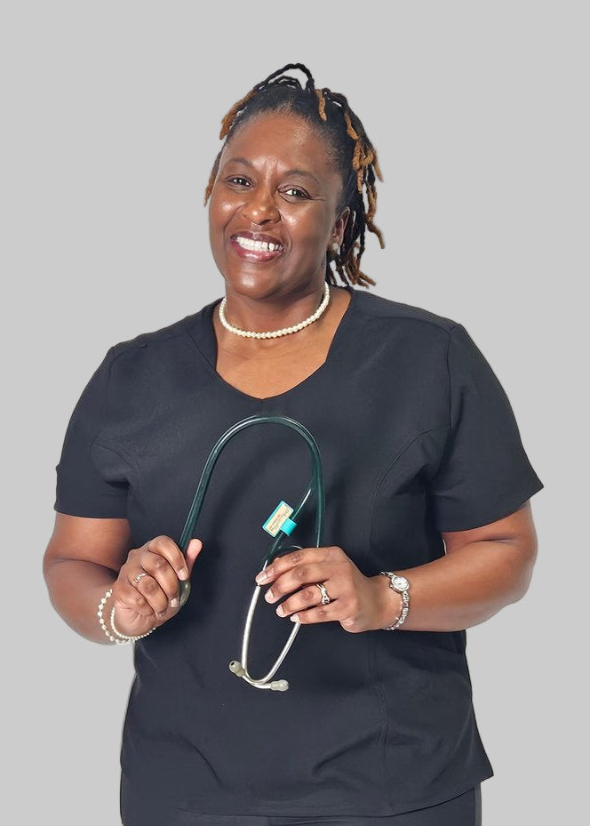 Women’s curvy scrub top with rounded V-neck, extra bust room, and sleek modern fit.