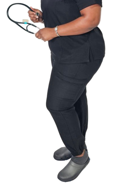 Female doctor in black curvy scrub top and joggers